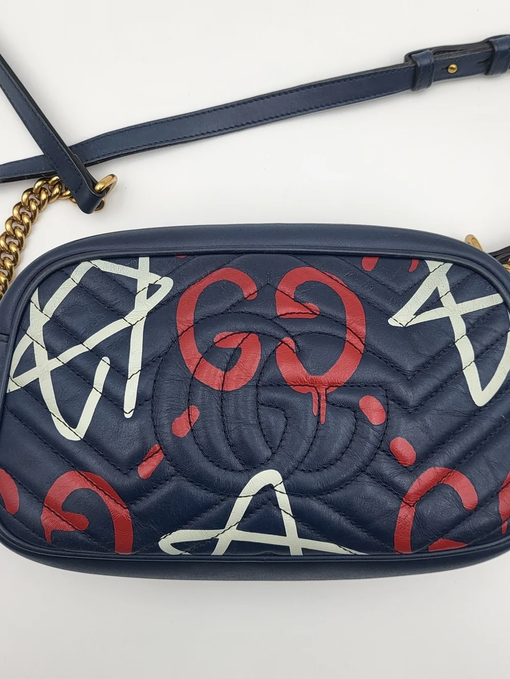 GUCCI Blue Ghost Print Quilted Leather Marmont Metalasse Bag, Authentic w/COA.